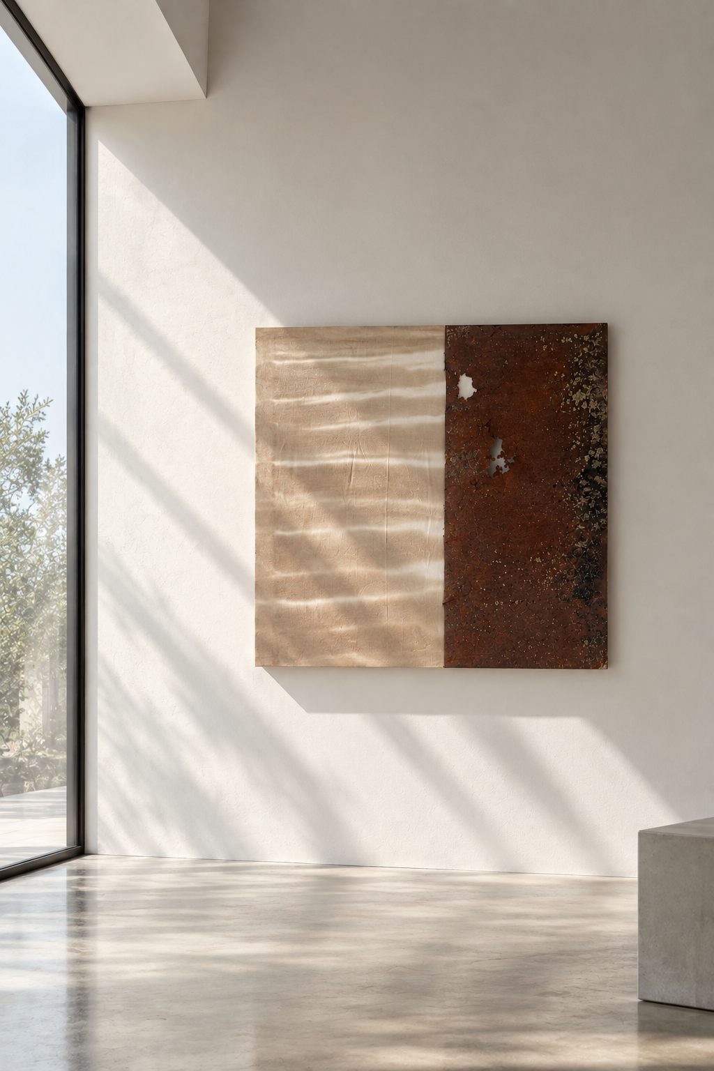 Arraigo — plancha de metal oxidado junto a un lienzo de tela clara, en la pared de una sala bañada por la luz rasante del ventanal.