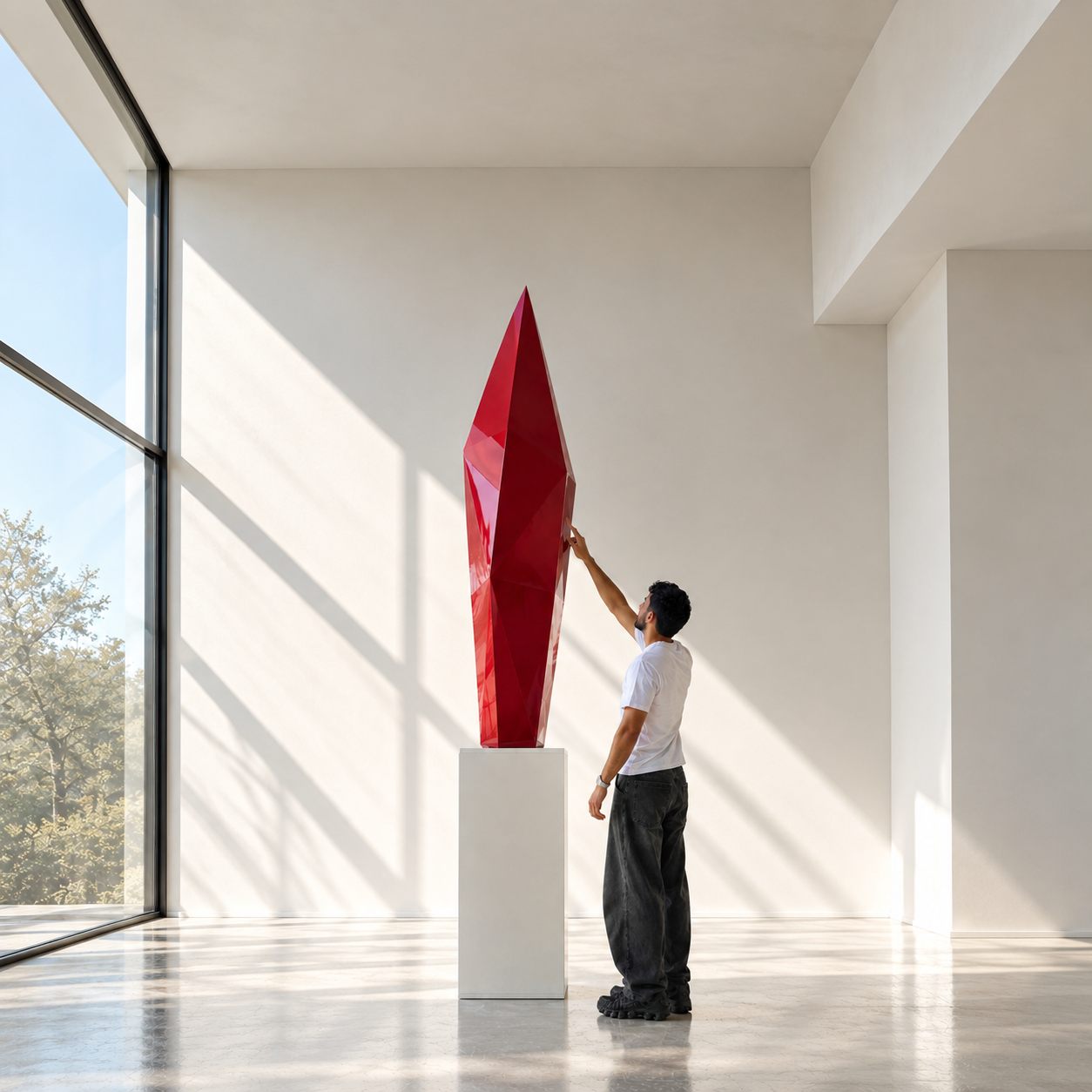 Torre cristalográfica — la escultura roja sobre peana blanca en una sala luminosa, junto a una persona que alcanza su arista.